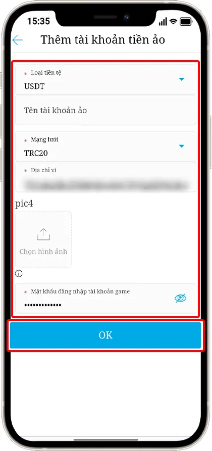 Bước 5: Chọn loại Tiền tệ » Mạng lưới » Nhập Địa chỉ ví USDT » Mật khẩu tài khoản game » OK
